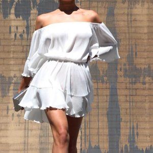 Women's Romper Ruffled Sleeve Off-Shoulder Classy Romper Ivory